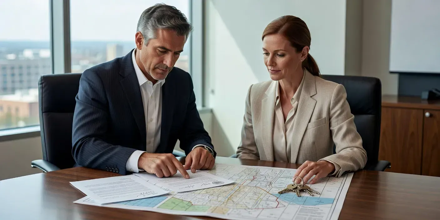 Probate attorney and personal representative reviewing signed court letters beside a Clark County parcel map and house keys on a conference table