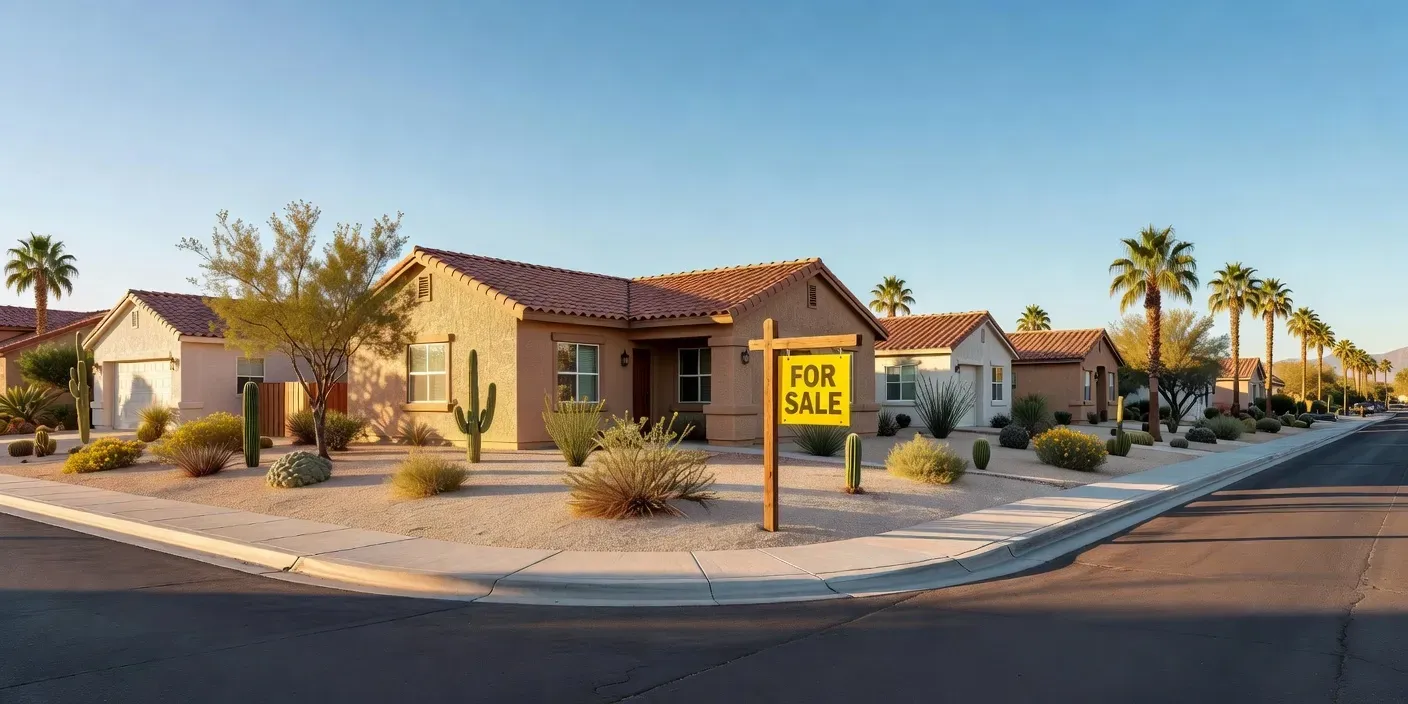 sunlit Las Vegas residential street with stucco homes, desert landscaping, and a for-sale sign on a quiet corner lot