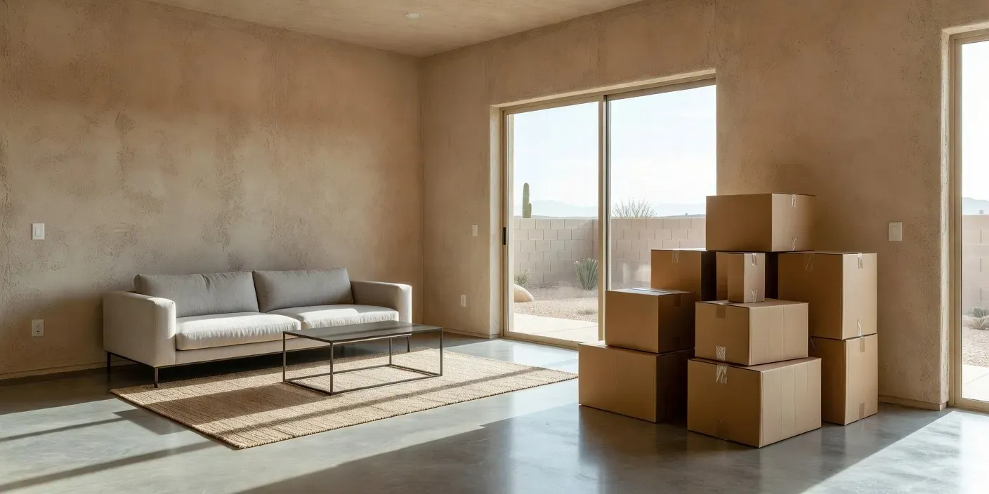 desert-light living room in a Las Vegas stucco home with empty boxes stacked by a sliding glass door to a small patio