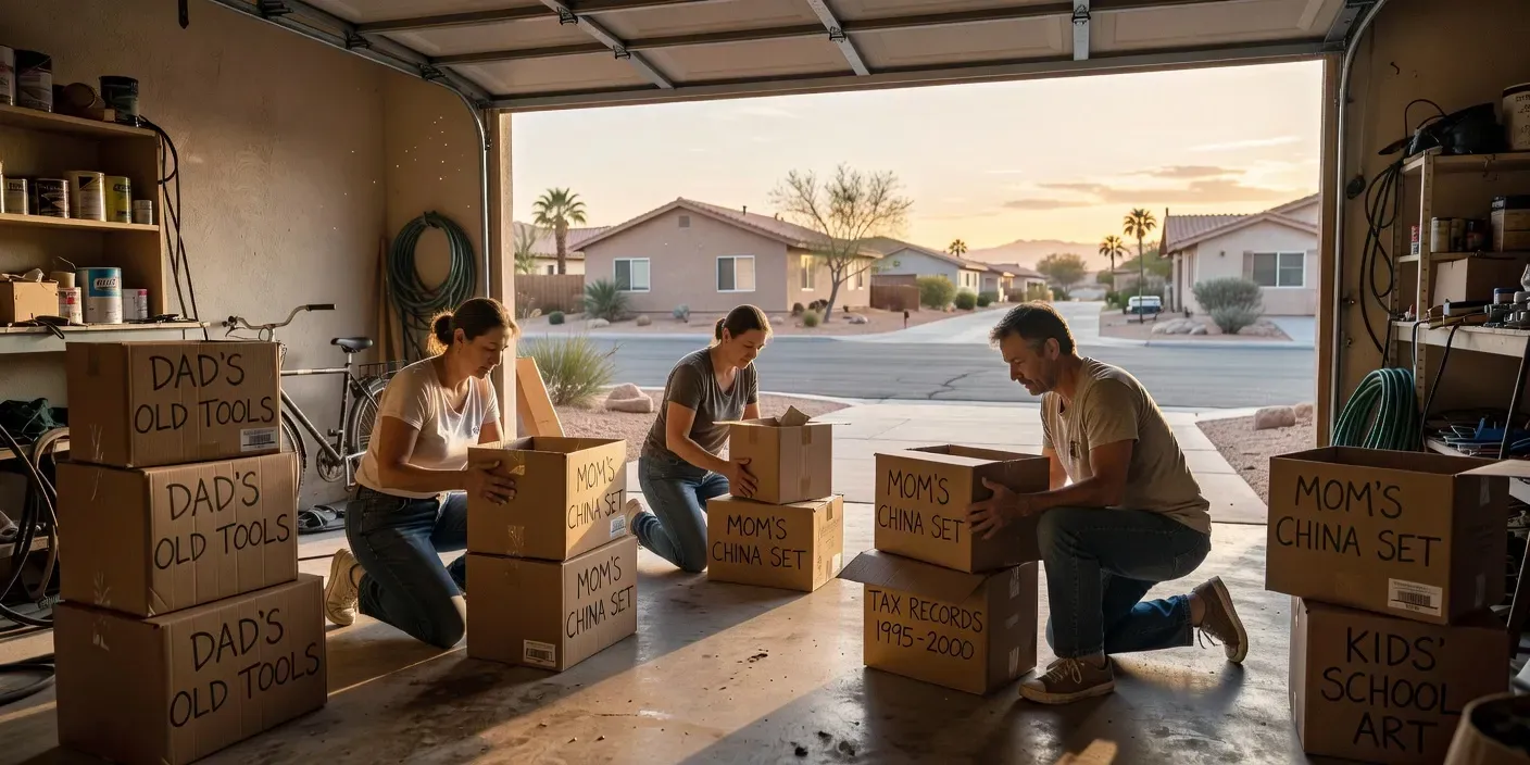 heirs sorting labeled boxes on the garage floor of a single-story Las Vegas home with the roll-up door open to morning sun