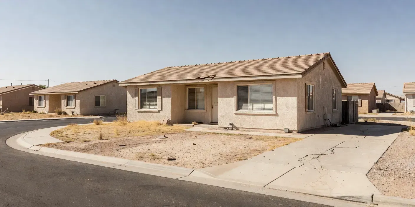Sunlit stucco home on a quiet Las Vegas cul-de-sac with a dry front yard and closed blinds, typical of an inherited property awaiting probate decisions