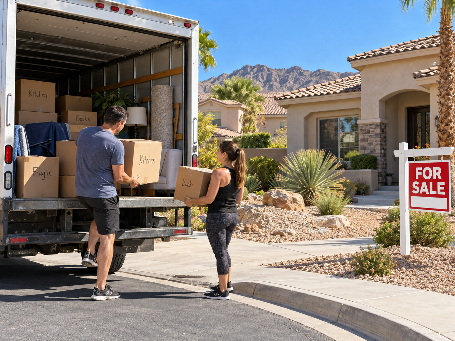 Two movers unload boxes from a truck at a house with a “For Sale” sign.