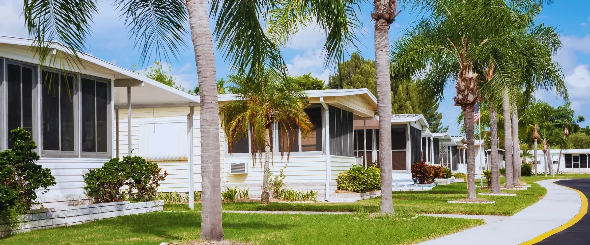 A row of mobile homes with palm trees in a residential area.