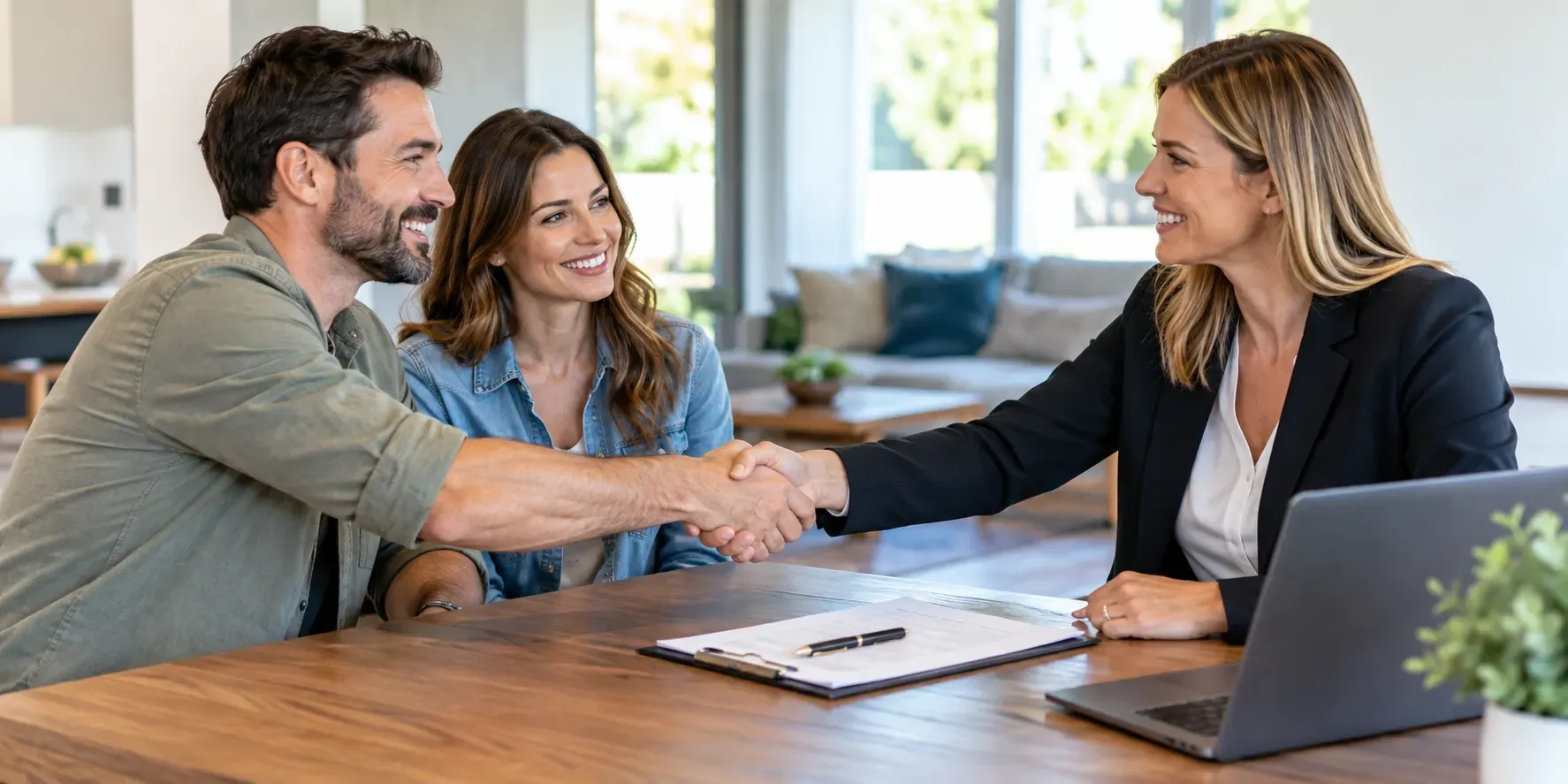 Homeowner shaking hands with a real estate professional over a property contract at a modern home table.
