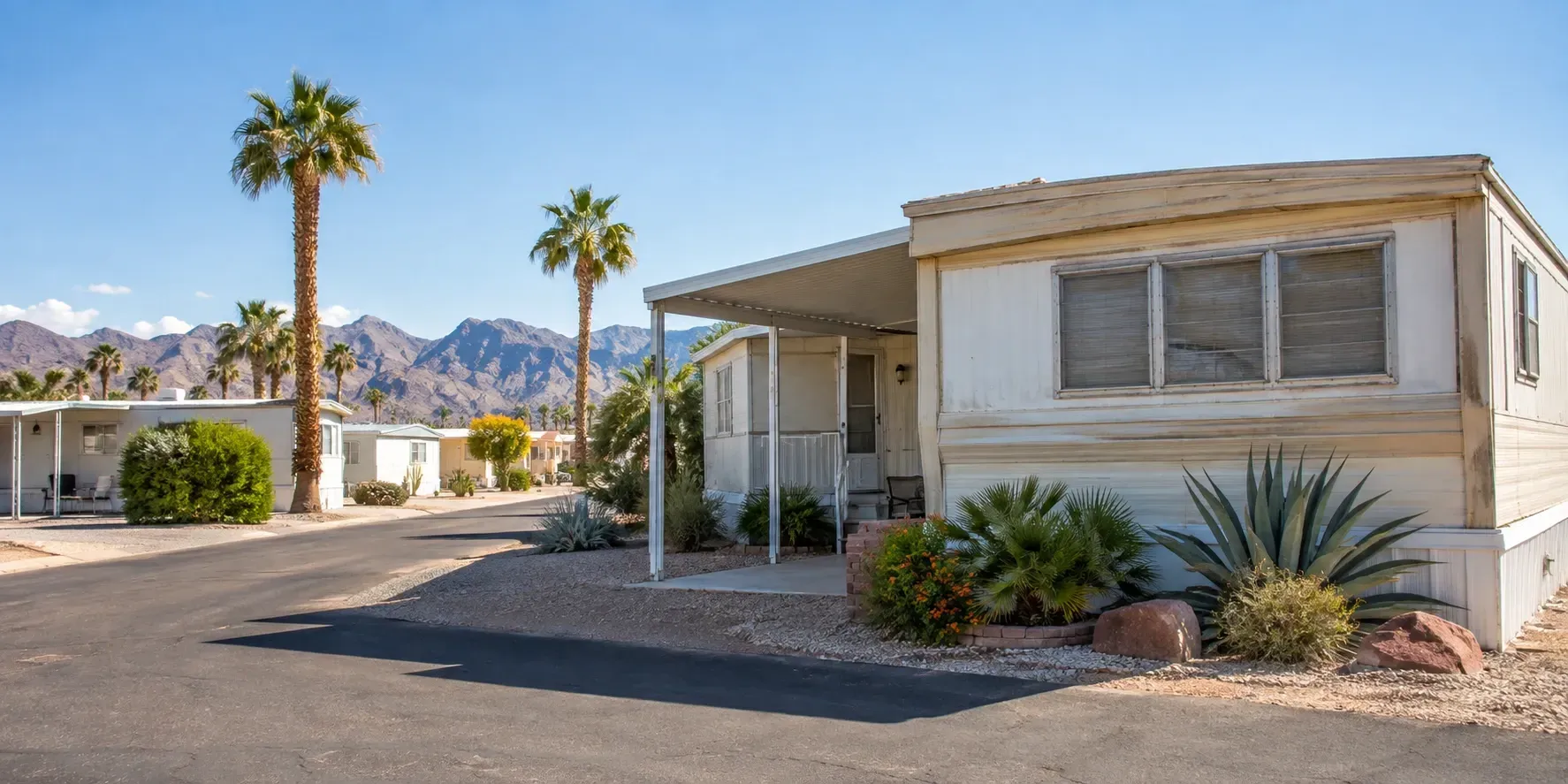 Older mobile home in a sunny desert park with palm trees, desert landscaping, and mountains in the background.