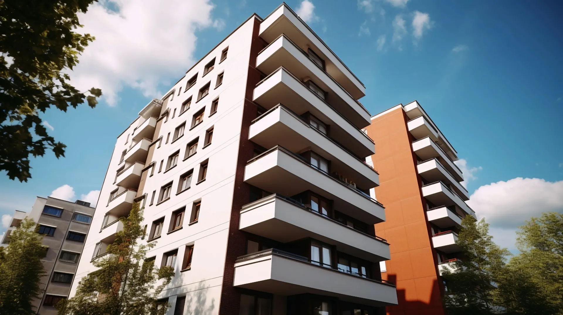 We buy Apartment Properties A large apartment building with balconies on a sunny day