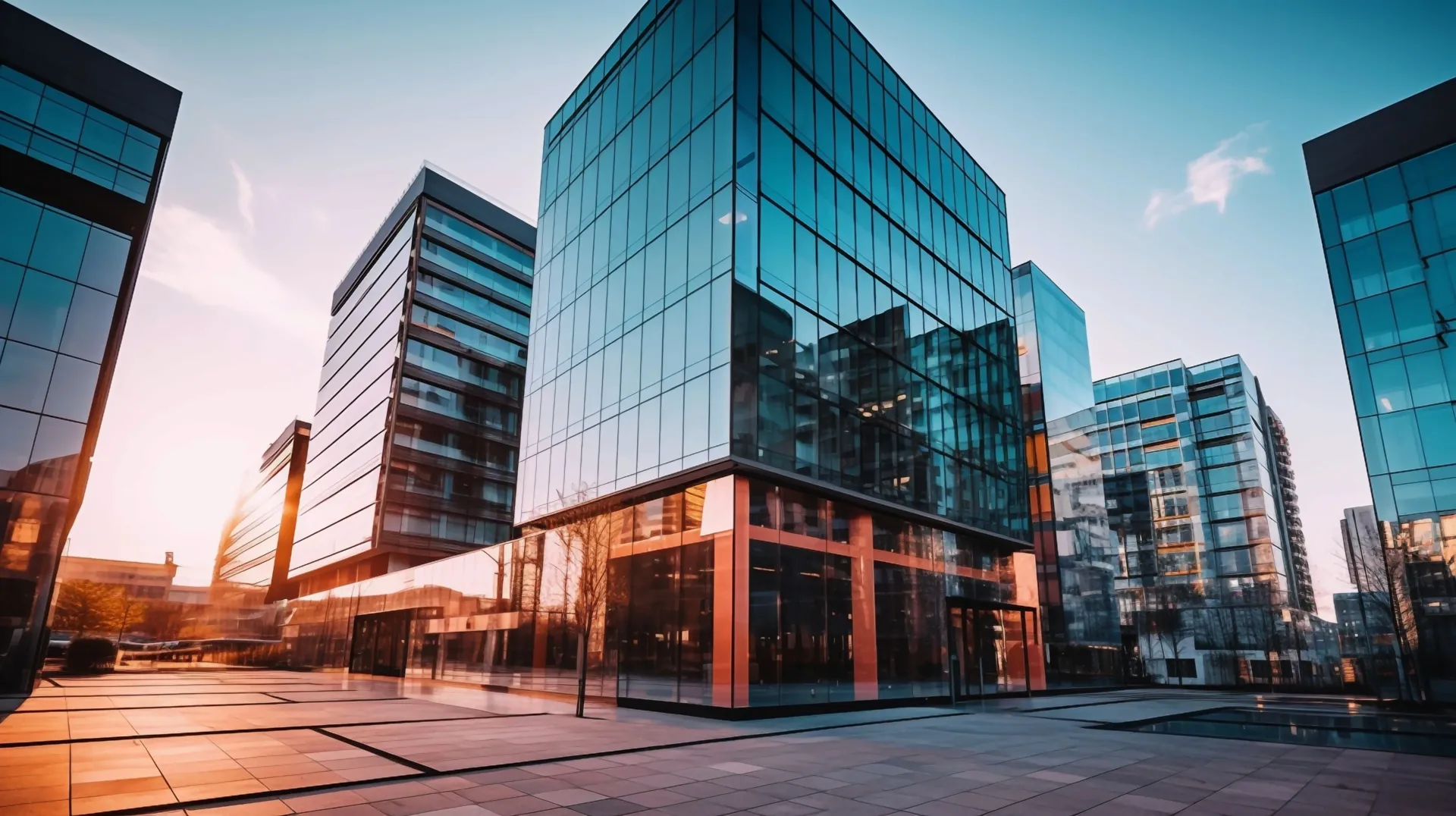 We buy Commercial Properties A group of tall buildings in a city with a lot of windows.