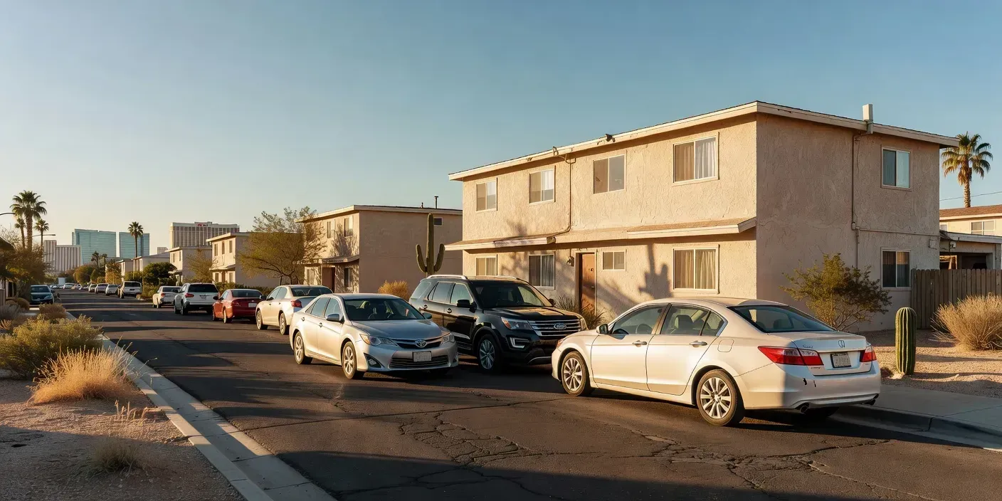 desert-light Las Vegas street with stucco rental duplex and parked cars at curb