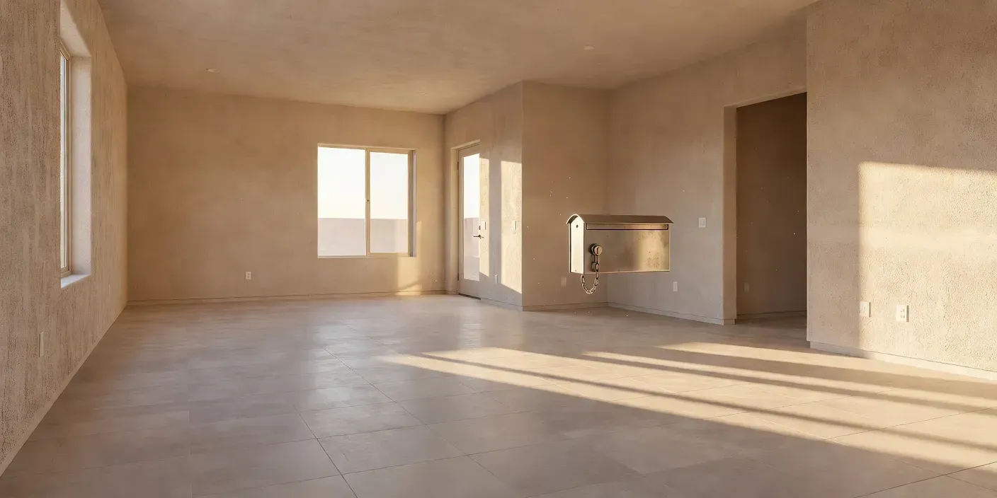 empty living room in a Las Vegas stucco home with afternoon light on bare tile and a single lockbox on the front door handle
