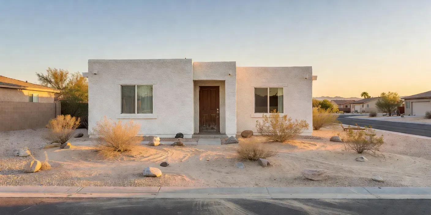 empty single-story stucco home on a quiet Las Vegas street with dry landscaping and a locked front door in afternoon light
