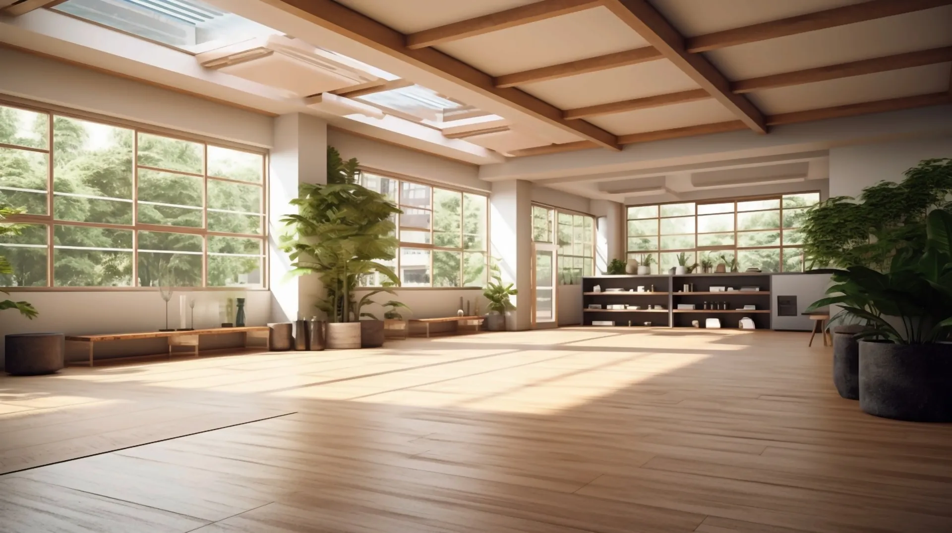 A large empty room with lots of windows and wooden floors.