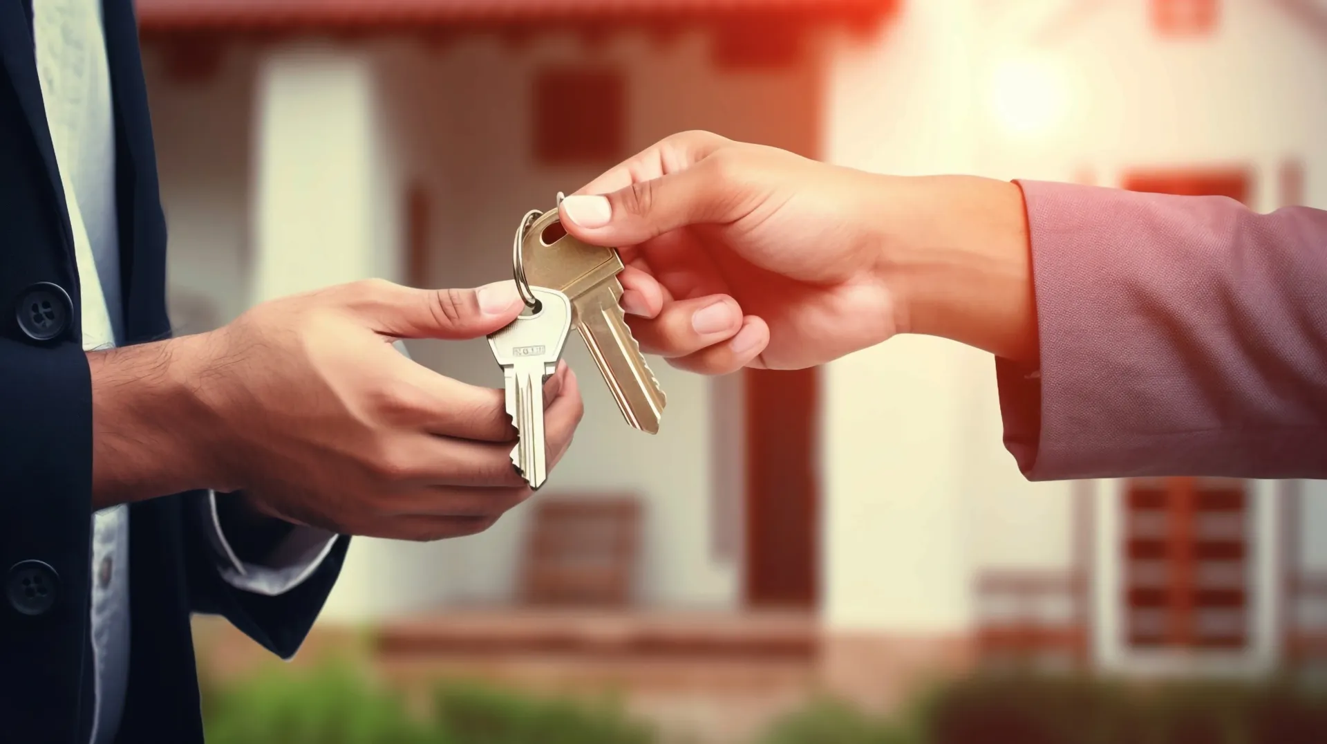 A man is handing a woman a set of keys in front of a house.