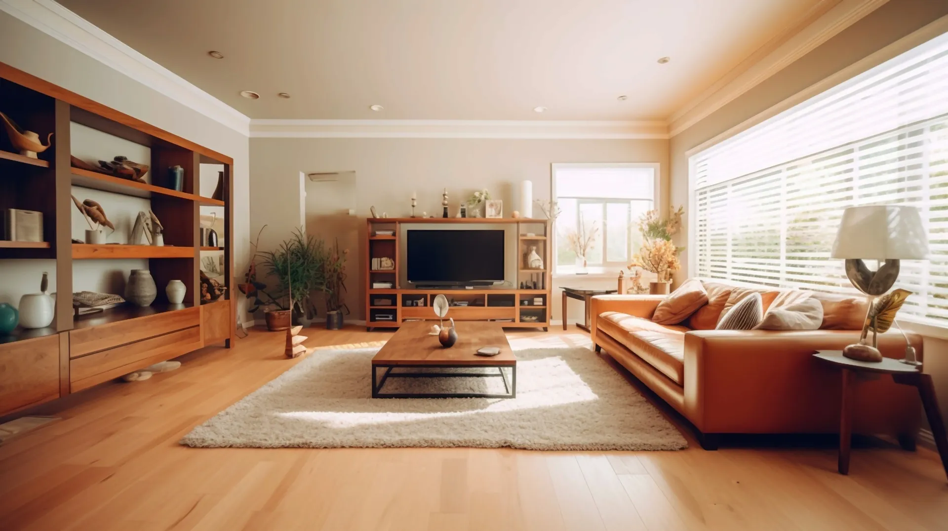 A living room with a couch , coffee table , and television.