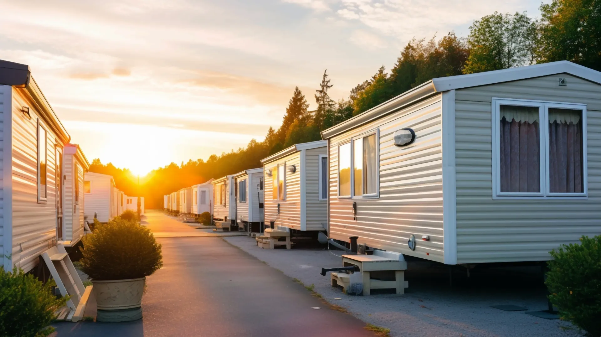 We buy Mobile Homes A row of mobile homes are parked on the side of a road.