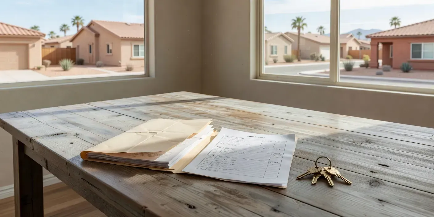 open kitchen table in a Las Vegas rental with lease folder, rent ledger printout, and house keys beside a window view of stucco homes