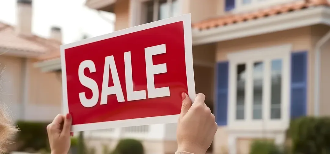A person is holding a red sale sign in front of a house.