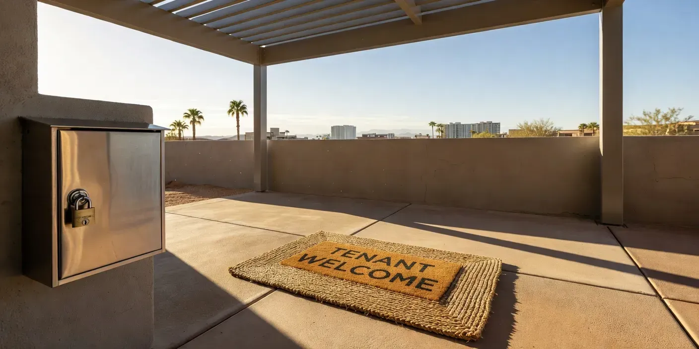 sunlit Las Vegas rental porch with locked mailbox and tenant welcome mat