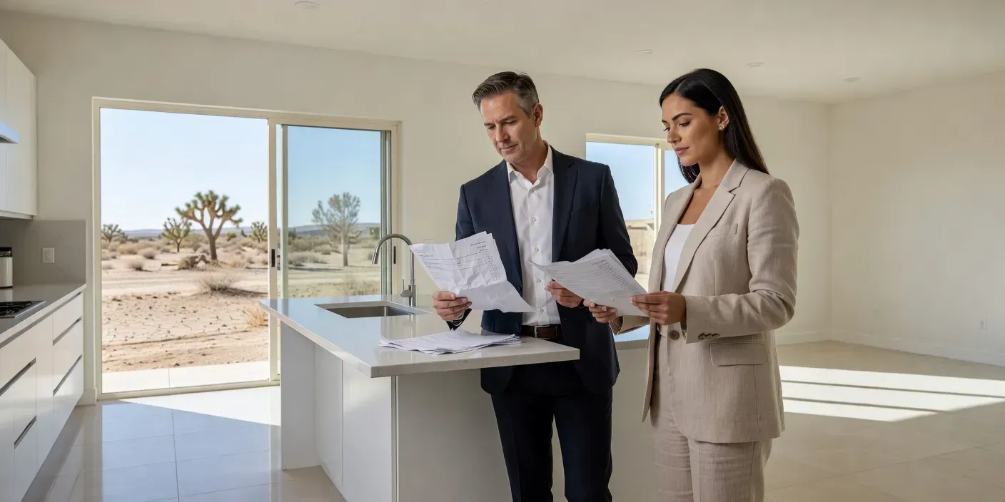 two people comparing printed offer sheets at a kitchen island inside an unfurnished Las Vegas home with sliding doors open to a bare backyard
