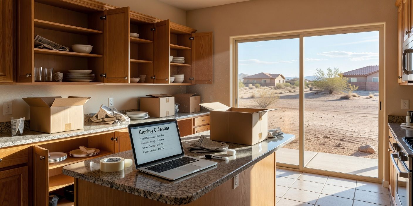 Home office with laptop and bookshelves, overlooking a sliding glass door to a desert neighborhood