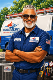 Smiling mechanic in dark coveralls holding a wrench and wearing white gloves on a white background