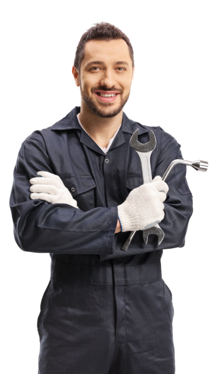 Smiling mechanic in dark coveralls holding a wrench and wearing white gloves on a white background