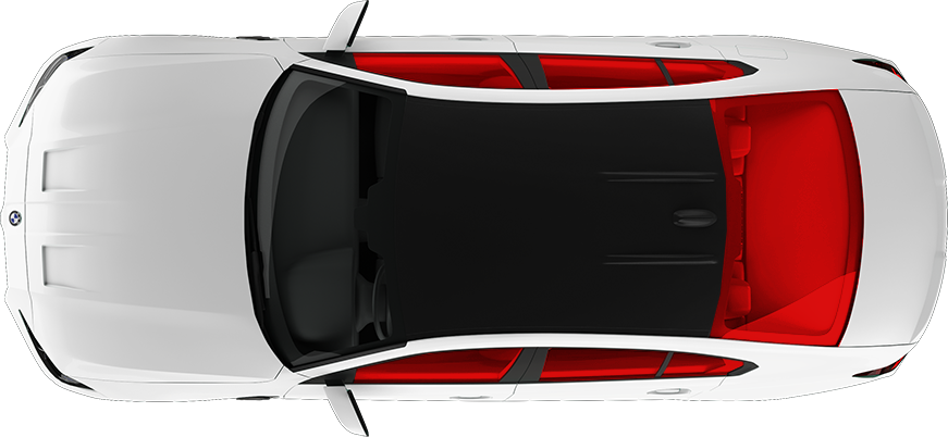 Top-down view of a white car with a black roof and red interior accents.