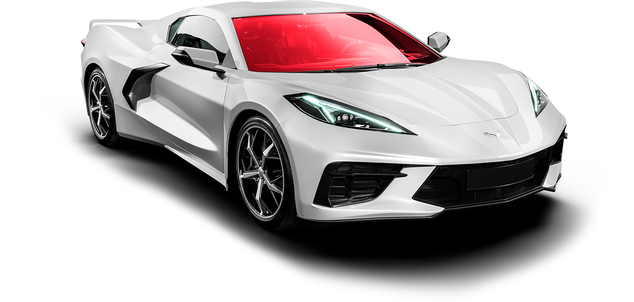 White sports car with red windshield and black racing stripes on a white background
