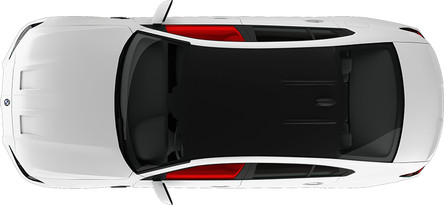 Top-down view of a white car with a black roof and red rear lights.