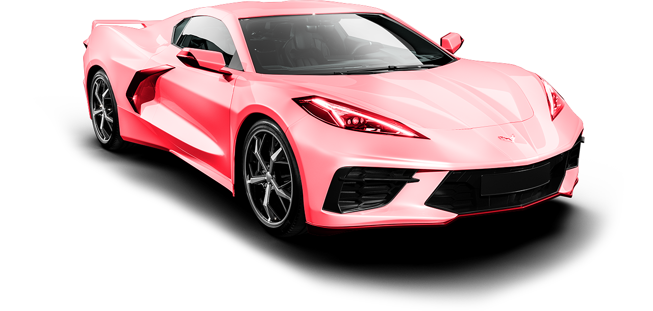 Pink sports car on a white background, angled front view