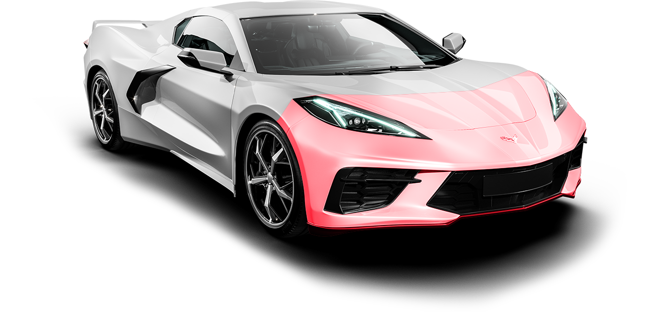 Pink and white sports car on a white background, front three-quarter view