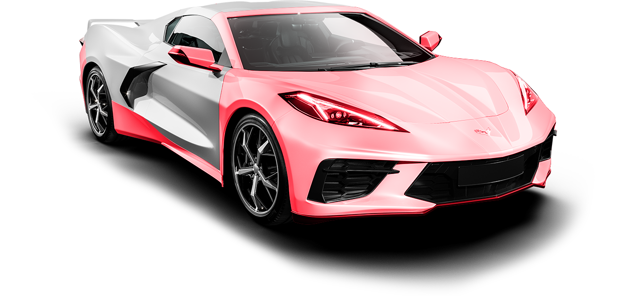 Pink sports car on a white background, shown from the front-left angle