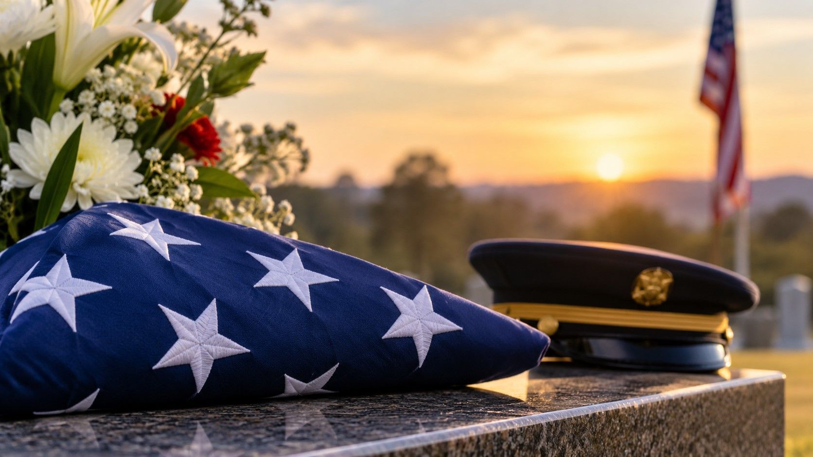 A folded flag and military cap honor a veteran with cremation services in Chaska, MN during sunset
