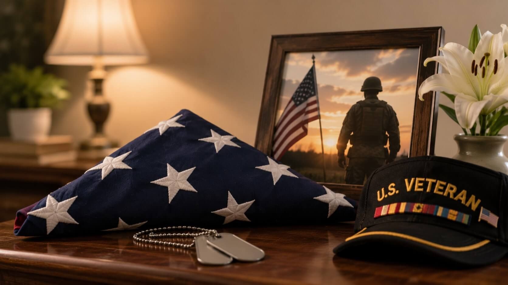 A folded flag, veteran cap, and dog tags create a respectful tribute in Chaska, MN