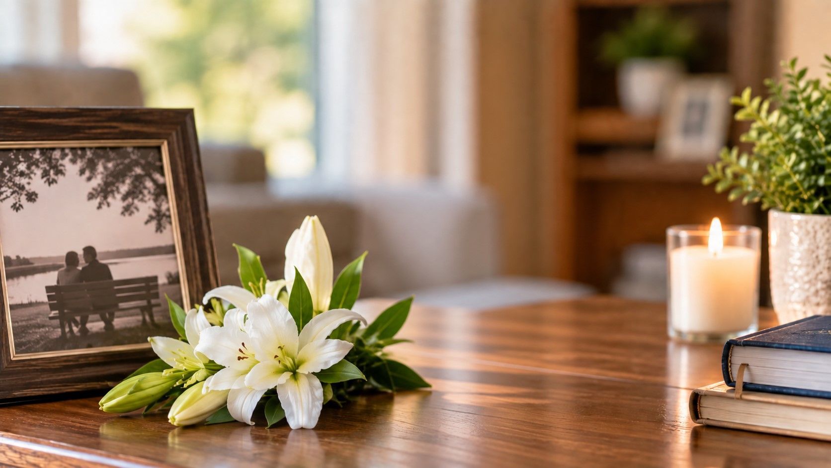A framed memory, white lilies and a candle offer quiet comfort with cremation services in Savage, MN