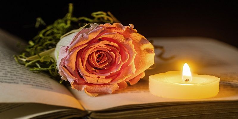 Rose and candle resting on an open book symbolizing remembrance and compassionate Burnsville, MN cremations services