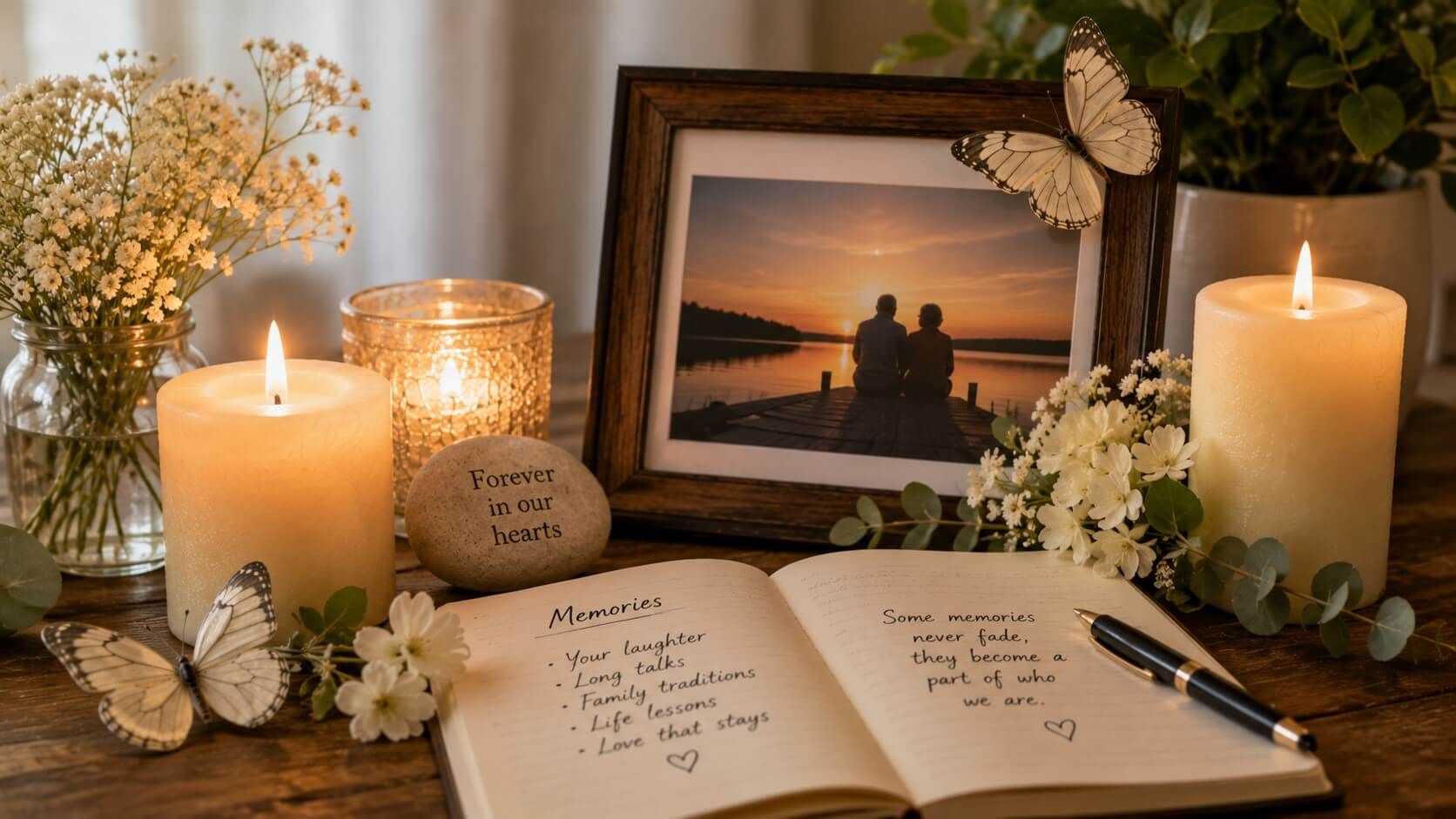 Candles, butterflies, and a journal create a tribute through cremation services in Burnsville, MN