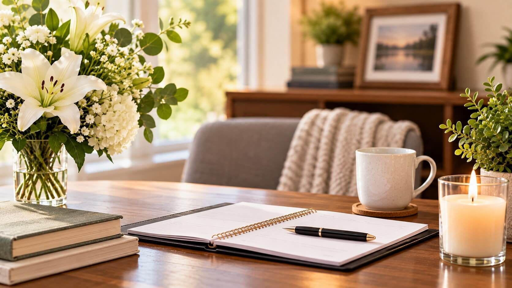 Flowers, a candle, and an open notebook create a calm setting for cremation services in Chaska, MN