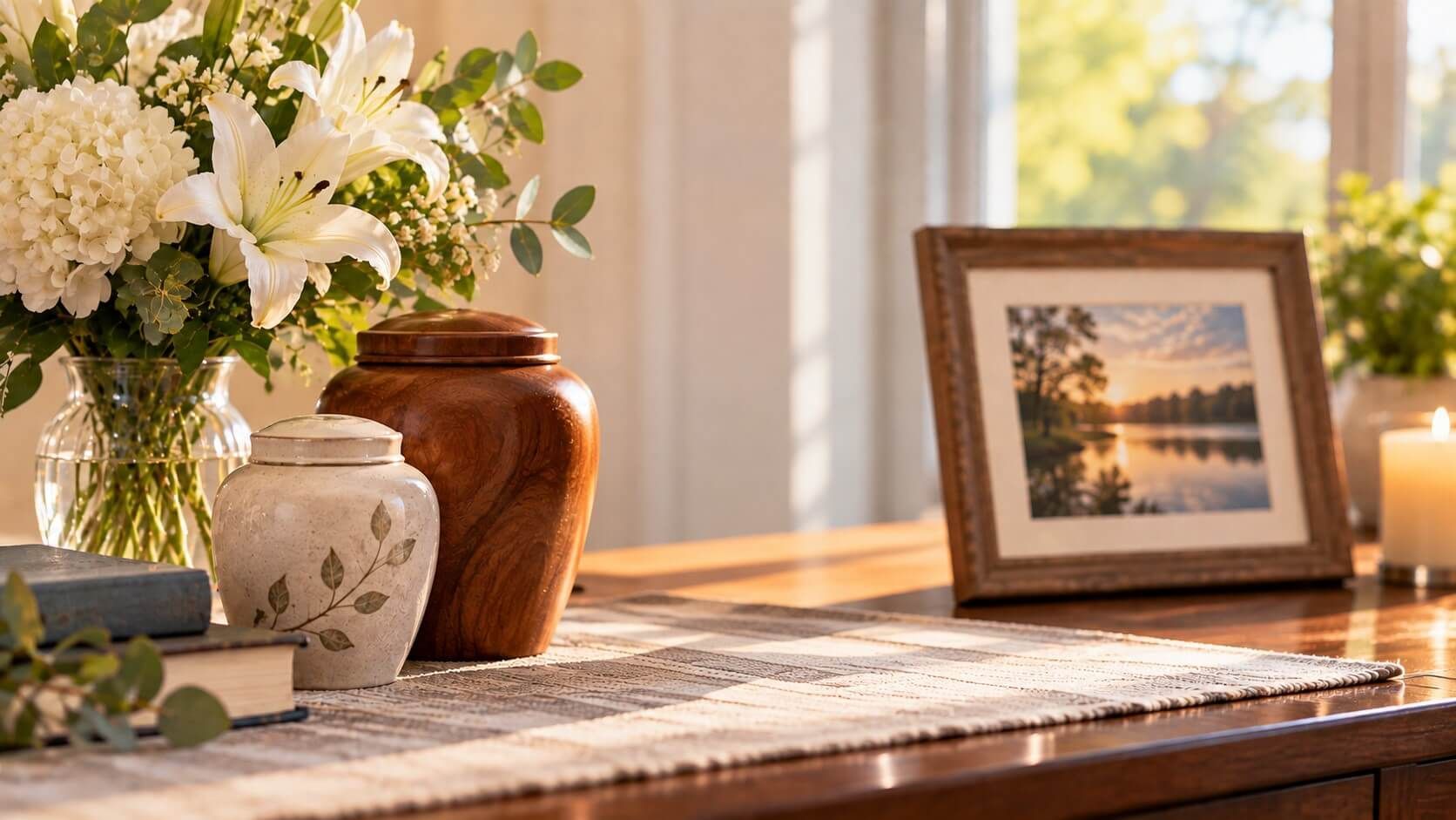 White flowers, two urns, a framed sunset, and candle reflect caring cremation services in Chaska, MN