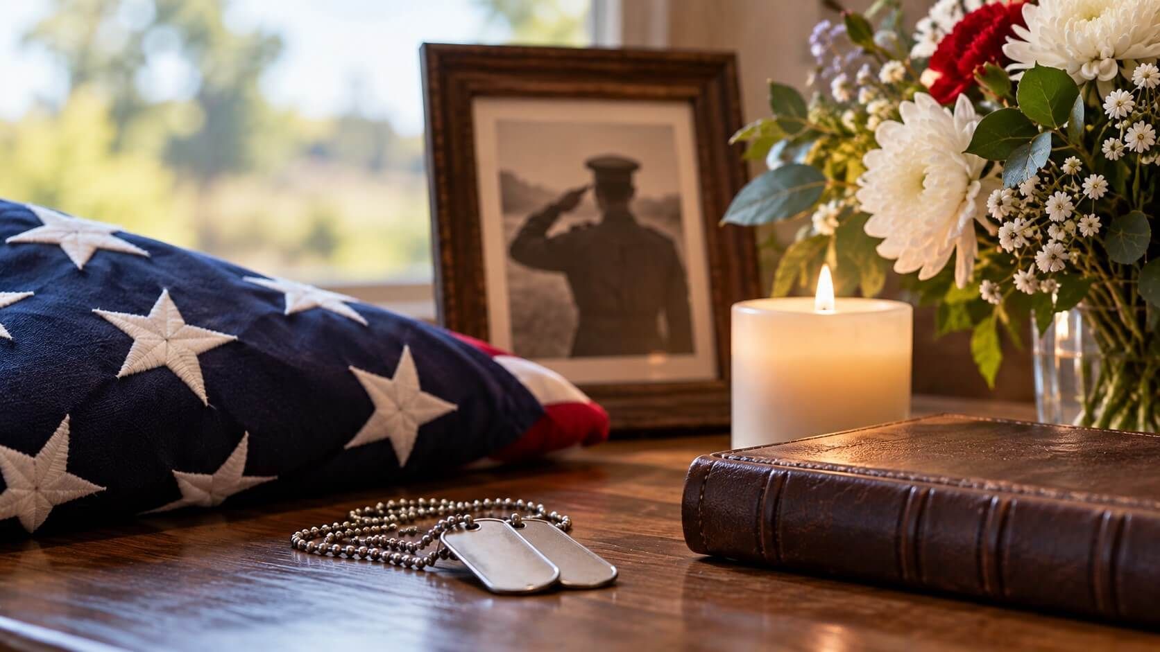 A folded flag, dog tags, candle, and photo honor service with cremation services in Burnsville, MN