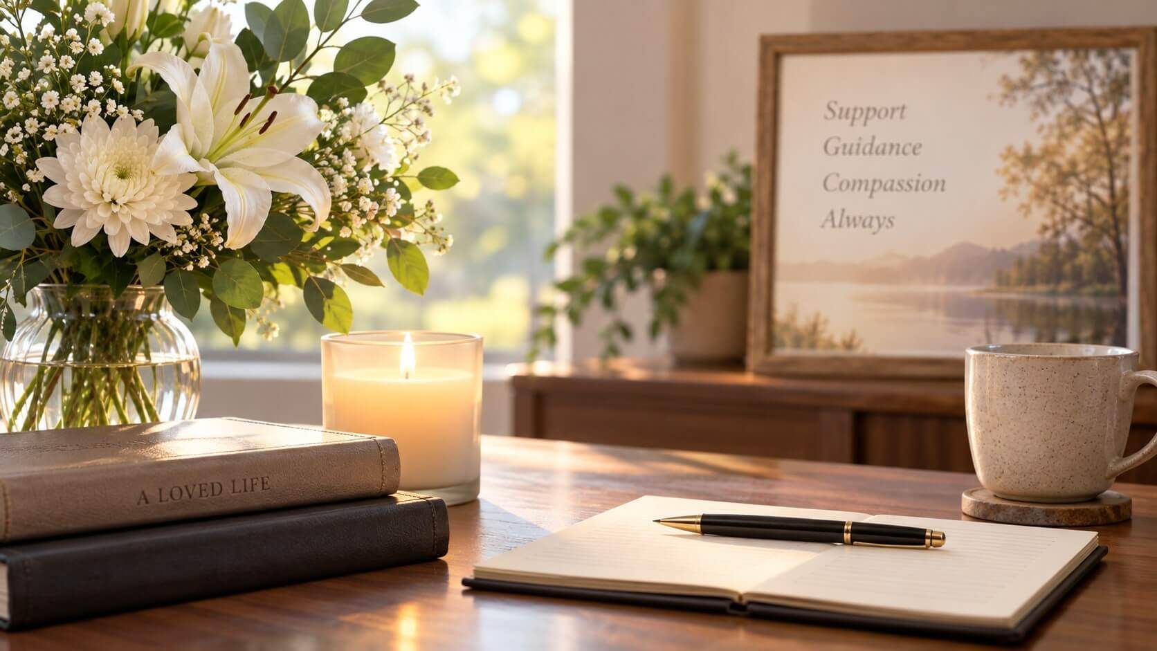 White flowers, a candle, and journal create a calm setting for cremation services in Savage, MN