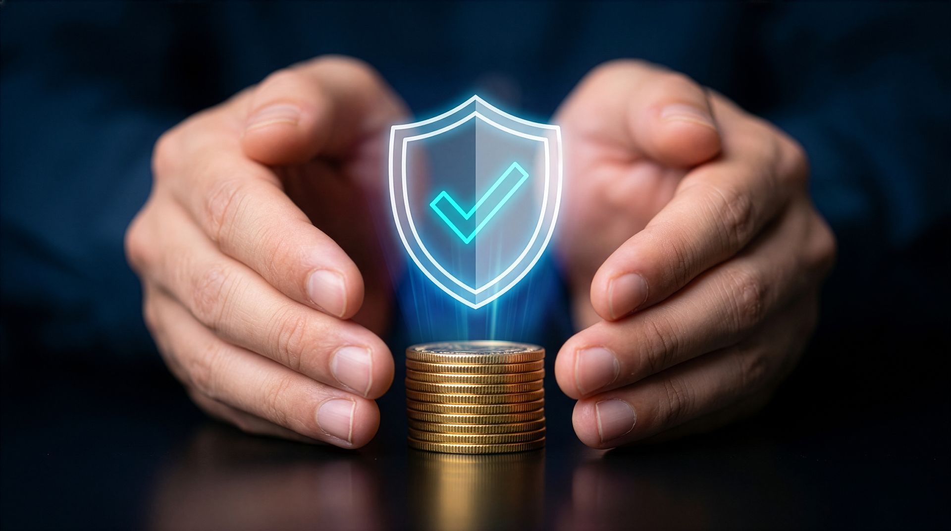 Hands cupping a stack of coins beneath a glowing blue shield icon