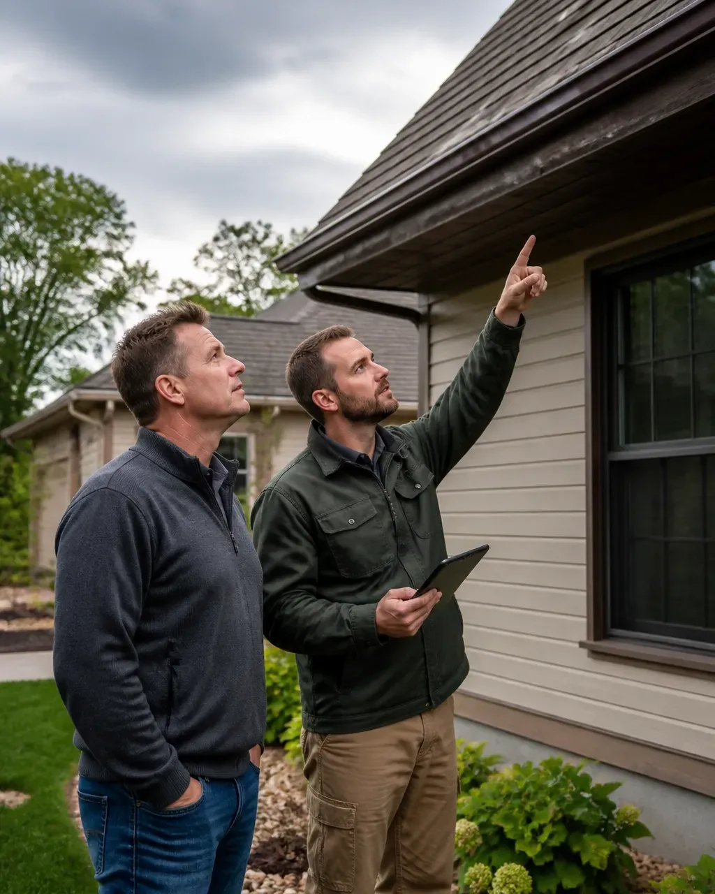 Two men inspect a house exterior, one pointing up at the roofline near a window and shrubs.