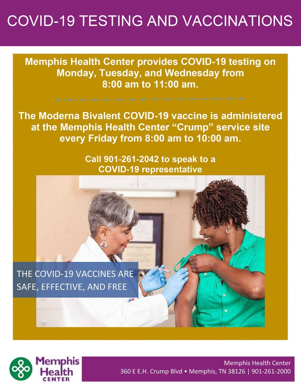 COVID-19 testing and vaccination flyer with Memphis Health Center details and clinic hours