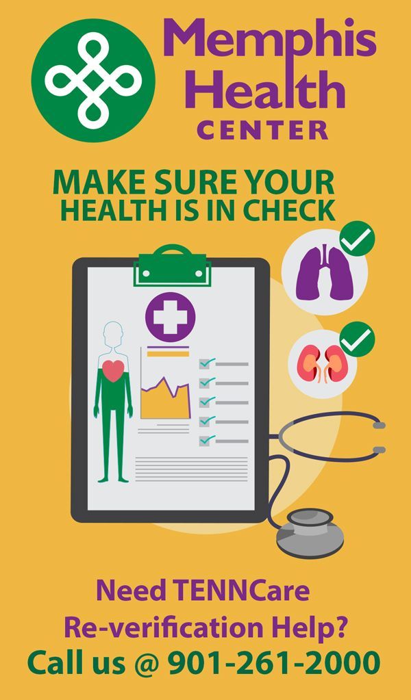 Memphis Health Center poster about TennCare re-verification, with phone icon and call number 901-220-2000