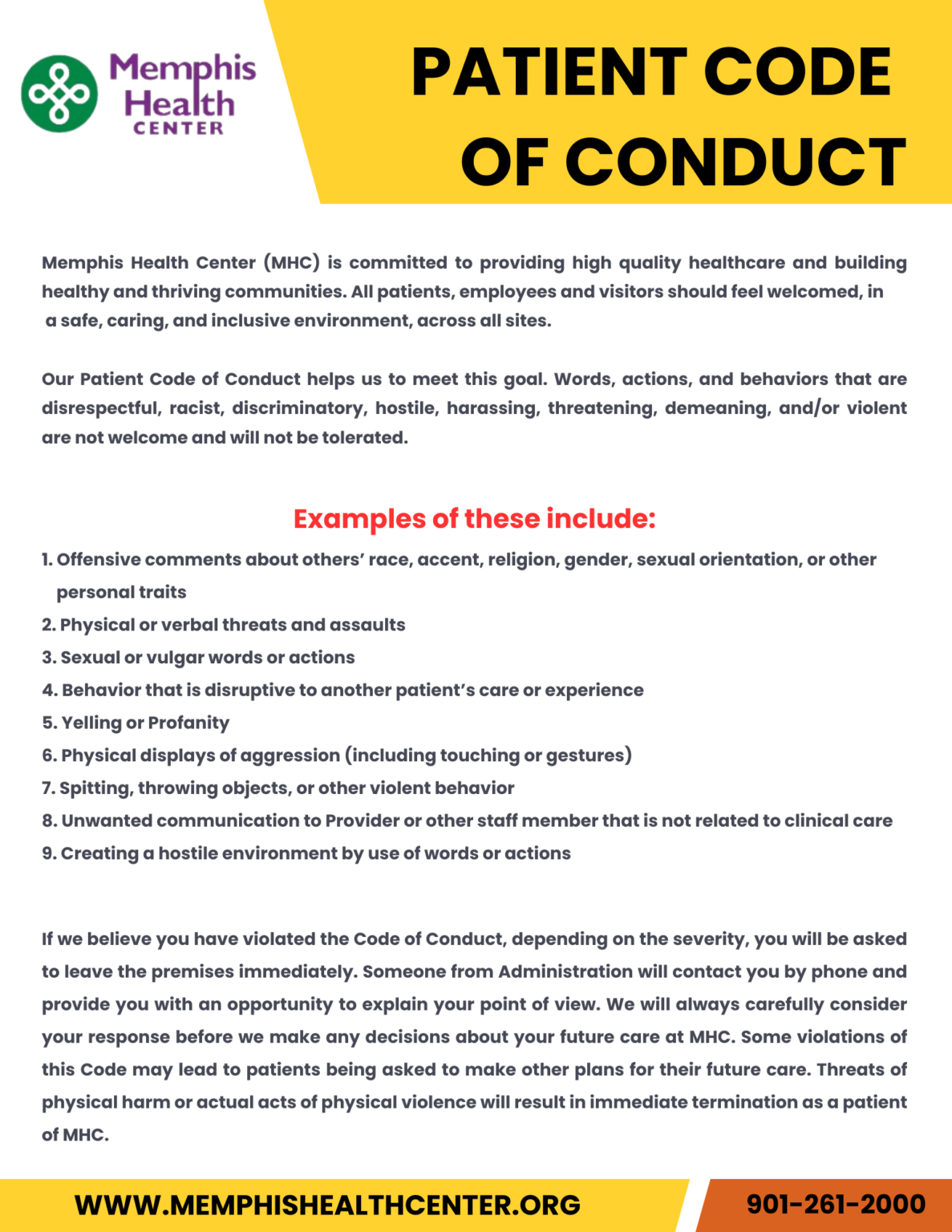 Memphis Health Center patient code of conduct poster with yellow header and green logo on white background