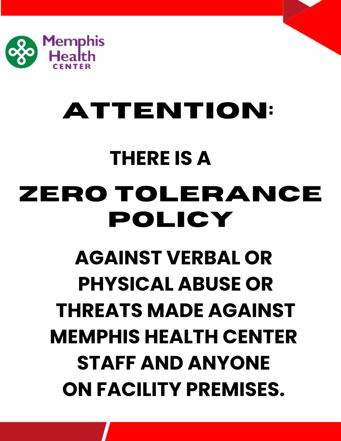 Memphis Health Center zero-tolerance notice against abuse or threats, black text on white with red accents