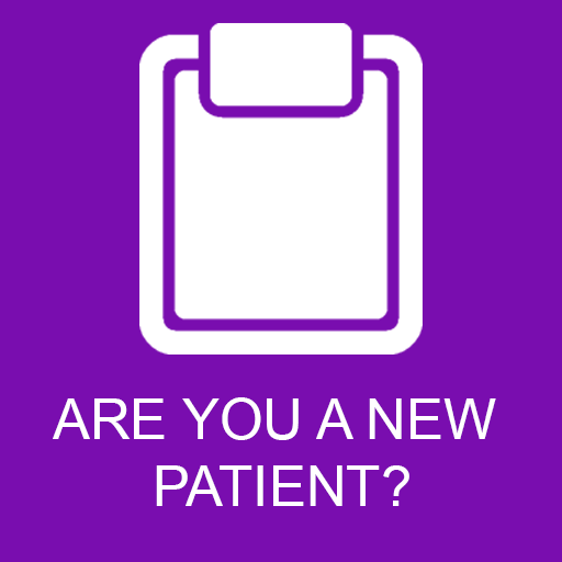 Purple sign with clipboard icon and text: “Are you a new patient?”