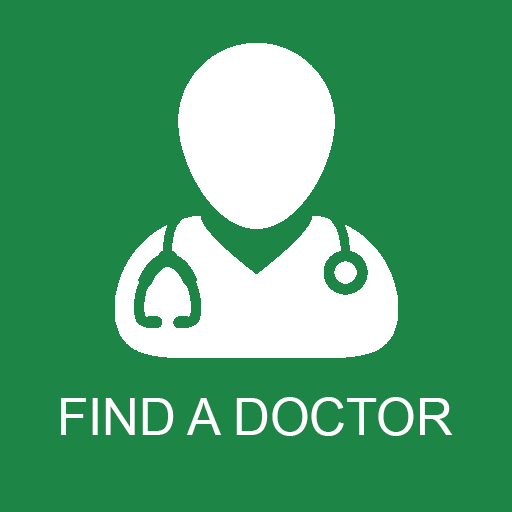 Green “Find a Doctor” icon with a doctor silhouette and stethoscope.