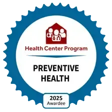 Blue seal for Health Center Program “Preventive Health” with 2025 Awardee label and red clinic icon
