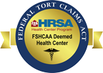 Federal Tort Claims Act HHS/FSHCAA Deemed Health Center seal logo in blue and gold, centered on white background